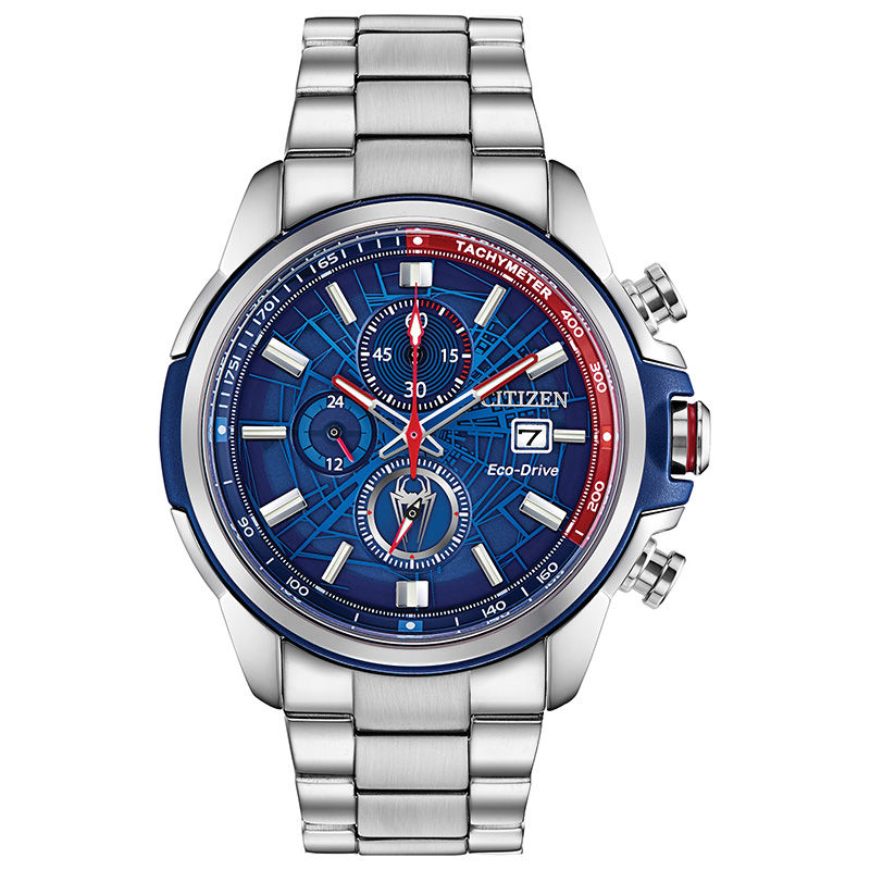 Men's Citizen Eco-Drive® Spider-Man Chronograph Two-Tone Watch with Blue Dial (Model: CA0429-53W)|Peoples Jewellers