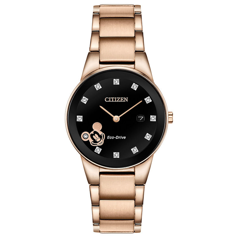 Ladies' Citizen Eco-Drive® Mickey Mouse Diamond Accent Rose-Tone Watch with Black Dial (Model: GA1056-54W)