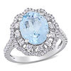 Thumbnail Image 0 of Oval Aquamarine and 0.74 CT. T.W. Diamond Double Scallop Frame Floral Ring in 14K White Gold