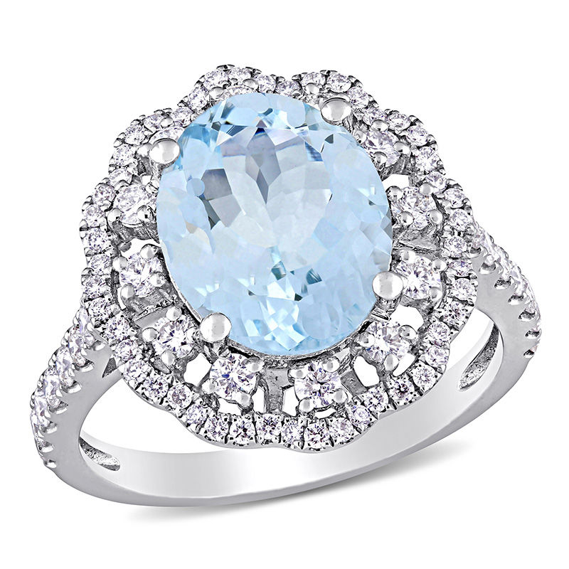 Oval Aquamarine and 0.74 CT. T.W. Diamond Double Scallop Frame Floral Ring in 14K White Gold