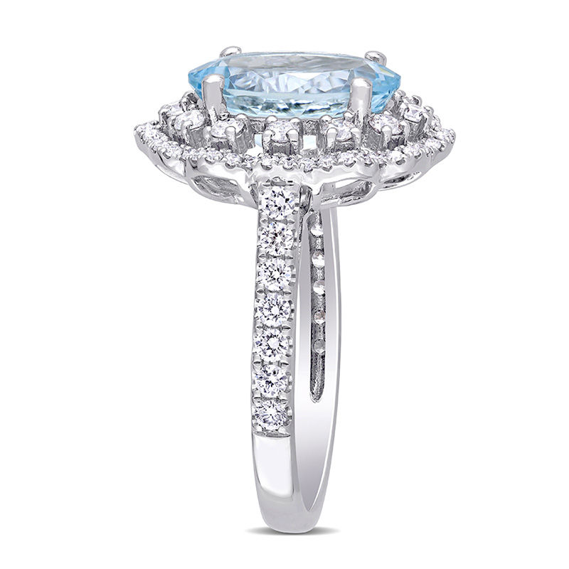 Oval Aquamarine and 0.74 CT. T.W. Diamond Double Scallop Frame Floral Ring in 14K White Gold