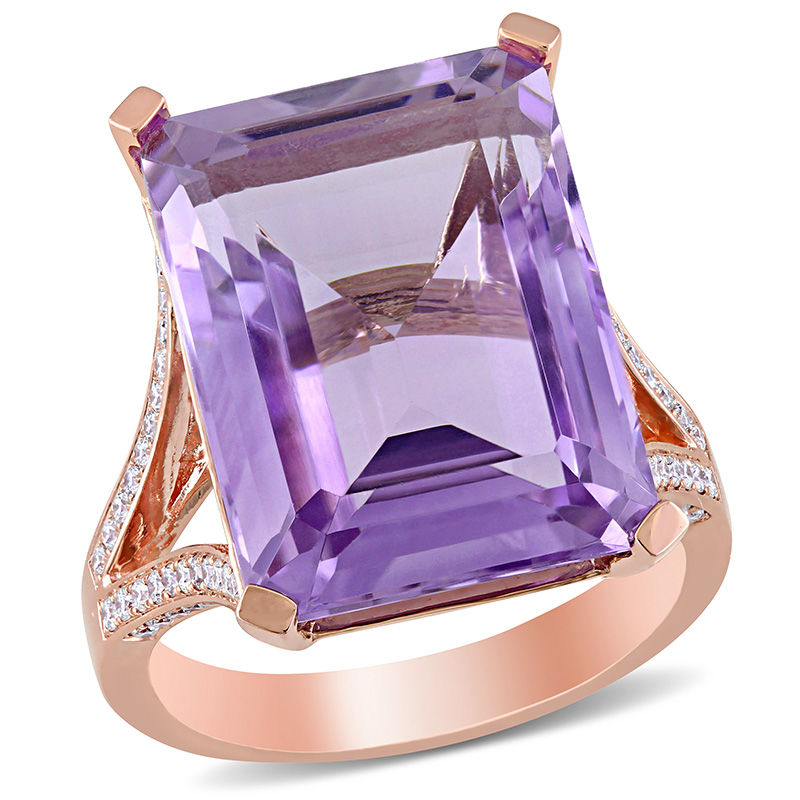 Emerald-Cut Amethyst and 0.44 CT. T.W. Diamond Split Shank Ring in 14K Rose Gold