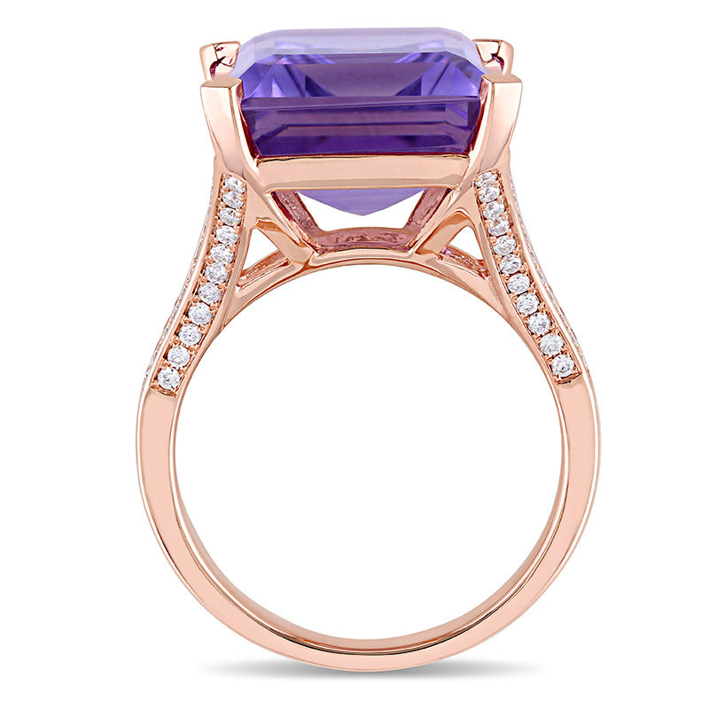 Main Image 4 of Emerald-Cut Amethyst and 0.44 CT. T.W. Diamond Split Shank Ring in 14K Rose Gold