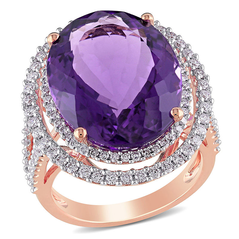 Oval Amethyst and 0.93 CT. T.W. Diamond Double Frame Split Shank Ring in 14K Rose Gold