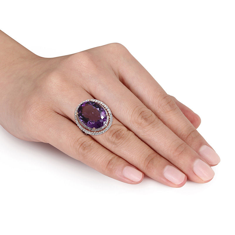 Oval Amethyst and 0.93 CT. T.W. Diamond Double Frame Split Shank Ring in 14K Rose Gold