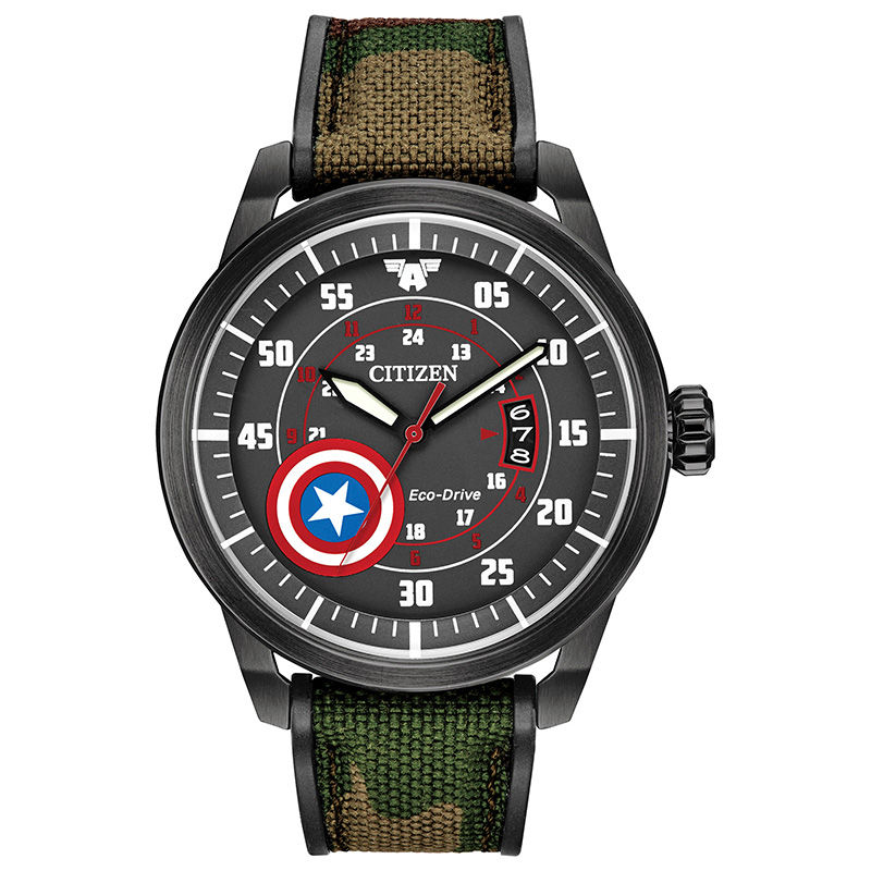 Men's Citizen Eco-Drive® Captain America Black IP Strap Watch with Black Dial (Model: AW1367-05W)|Peoples Jewellers