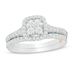 Perfect Fit 0.50 CT. T.W. Quad Diamond Cushion Frame Interlocking Bridal Set in 10K Two-Tone Gold
