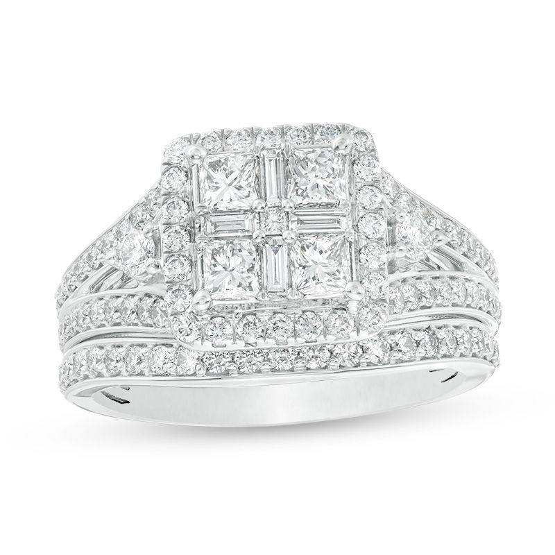 1.50 CT. T.W. Quad Princess-Cut Diamond Frame Vintage-Style Bridal Set in 14K White Gold