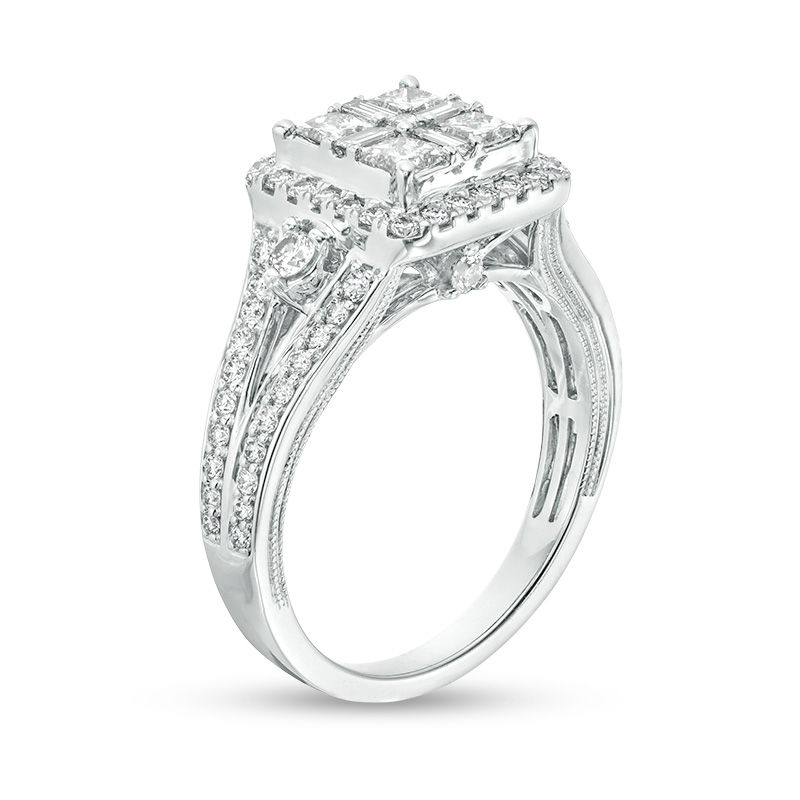 1.50 CT. T.W. Quad Princess-Cut Diamond Frame Vintage-Style Bridal Set in 14K White Gold