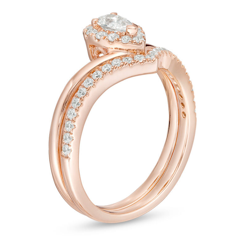 Main Image 2 of 0.50 CT. T.W. Pear-Shaped Diamond Frame Chevron Bridal Set in 14K Rose Gold