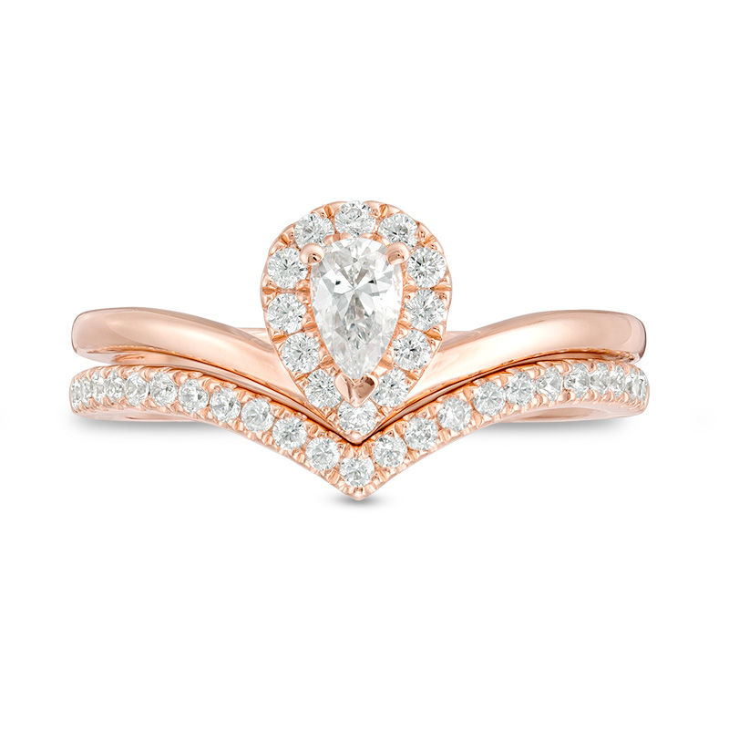 Main Image 3 of 0.50 CT. T.W. Pear-Shaped Diamond Frame Chevron Bridal Set in 14K Rose Gold