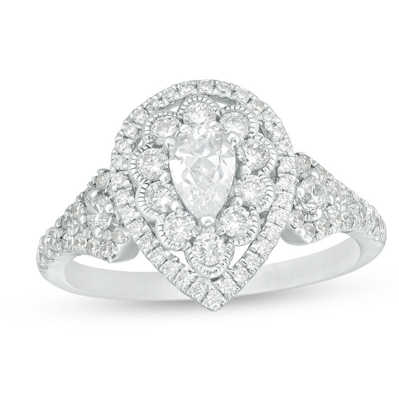 1.00 CT. T.W. Pear-Shaped Diamond Scallop Frame Vintage-Style Engagement Ring in 14K White Gold