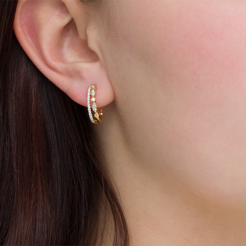 Main Image 2 of 0.23 CT. T.W. Diamond Double Row Hoop Earrings in 10K Gold