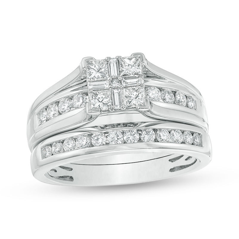 Main Image 1 of 1.00 CT. T.W. Quad Princess-Cut Diamond Bridal Set in 14K White Gold