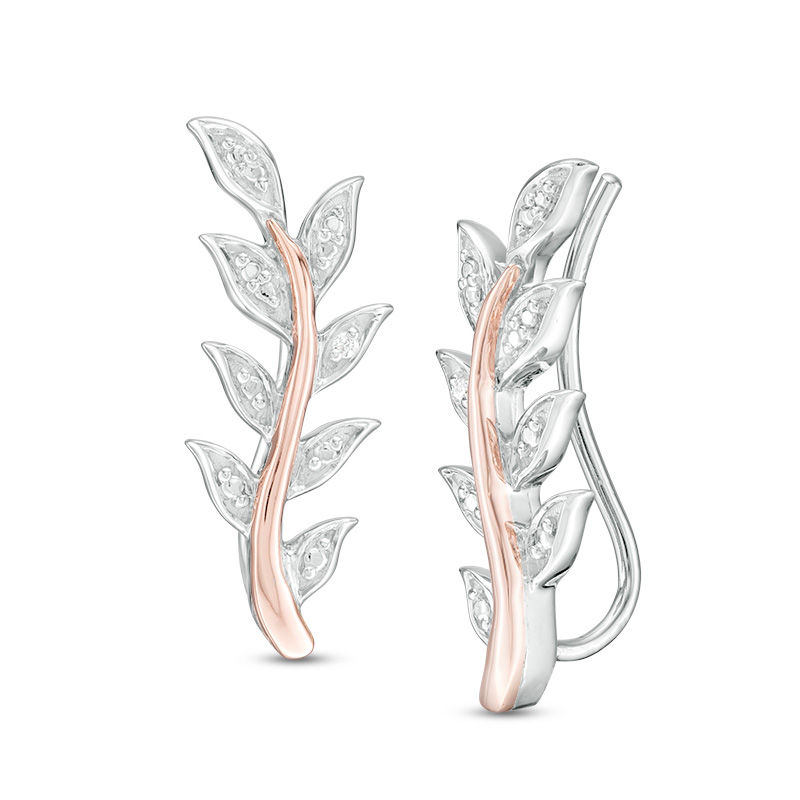 Diamond Accent Vine Crawler Earrings in Sterling Silver and 10K Rose Gold