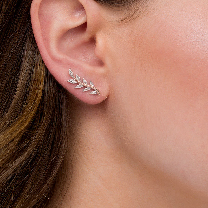 Diamond Accent Vine Crawler Earrings in Sterling Silver and 10K Rose Gold