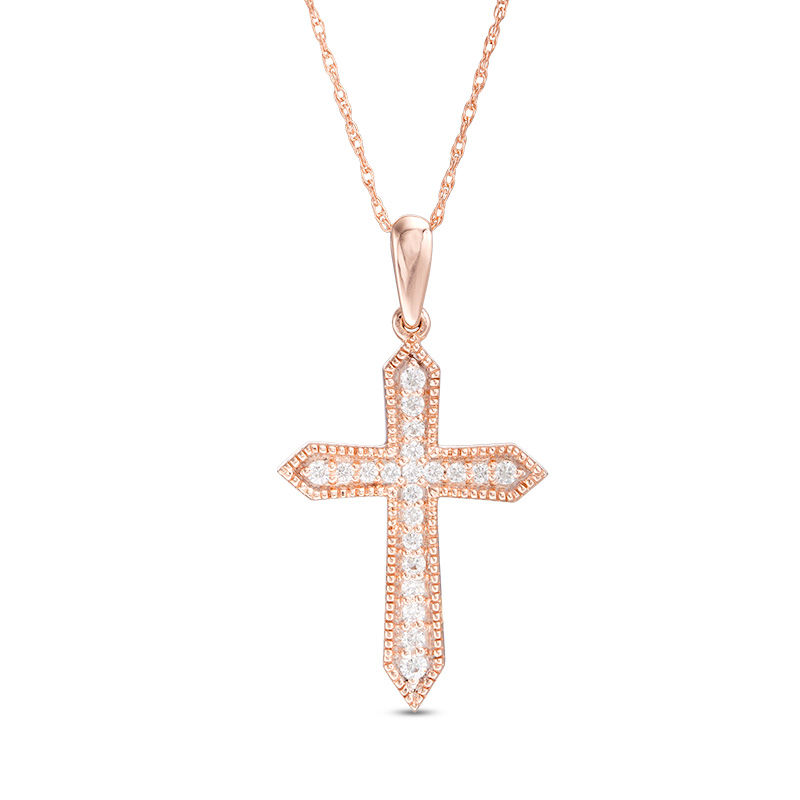 0.145 CT. T.W. Diamond Vintage-Style Cross Pendant in 10K Rose Gold