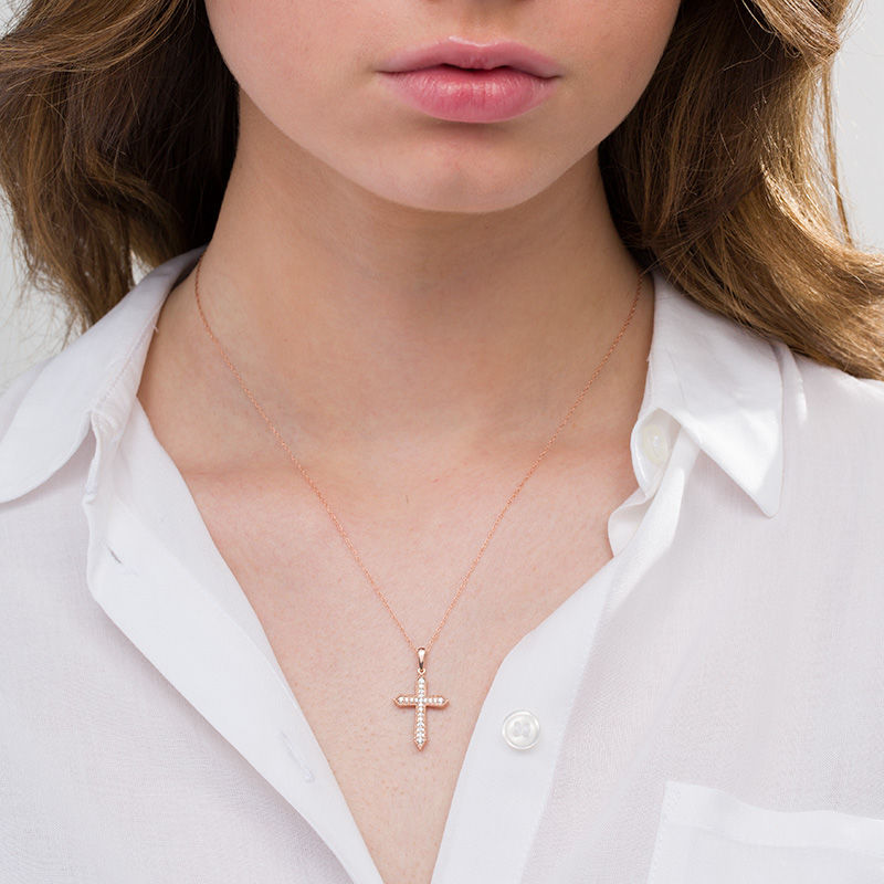 Main Image 2 of 0.145 CT. T.W. Diamond Vintage-Style Cross Pendant in 10K Rose Gold