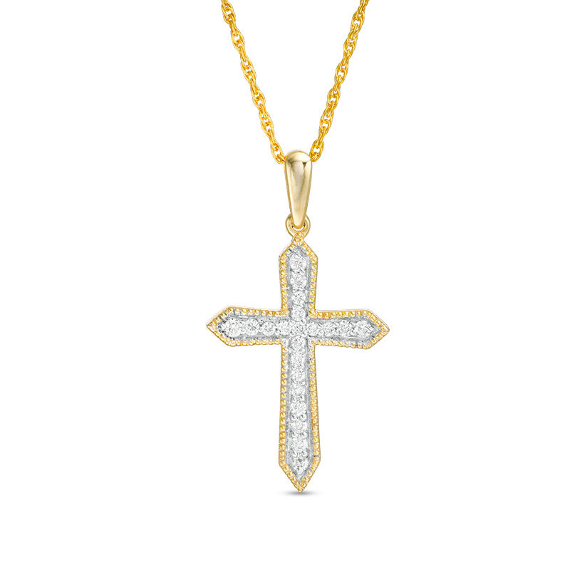 Main Image 1 of 0.145 CT. T.W. Diamond Vintage-Style Cross Pendant in 10K Gold