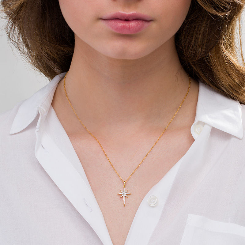 Main Image 2 of 0.115 CT. T.W. Diamond Eight-Point Star Pendant in 10K Gold