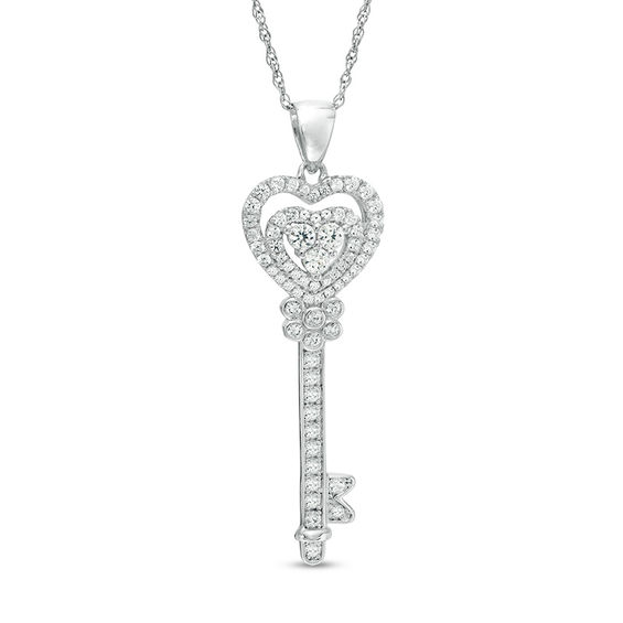 Lab-Created White Sapphire Heart-Top Key Pendant in Sterling Silver
