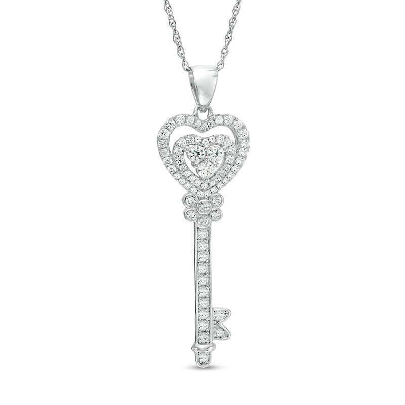 Lab-Created White Sapphire Heart-Top Key Pendant in Sterling Silver