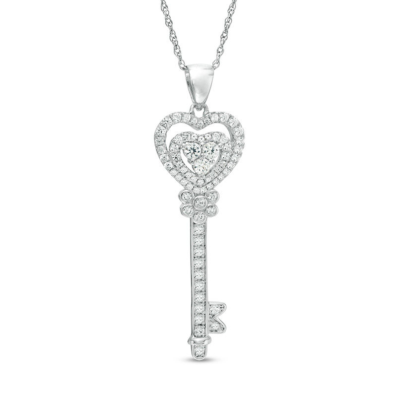 Main Image 1 of Lab-Created White Sapphire Heart-Top Key Pendant in Sterling Silver