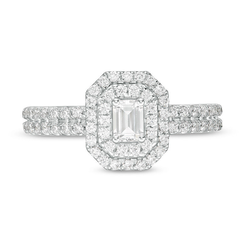 1.00 CT. T.W. Certified Canadian Emerald-Cut Diamond Double Frame Engagement Ring in 14K White Gold (I/SI2)