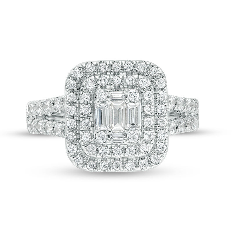 1.00 CT. T.W. Composite Diamond Double Cushion Frame Engagement Ring in 14K White Gold