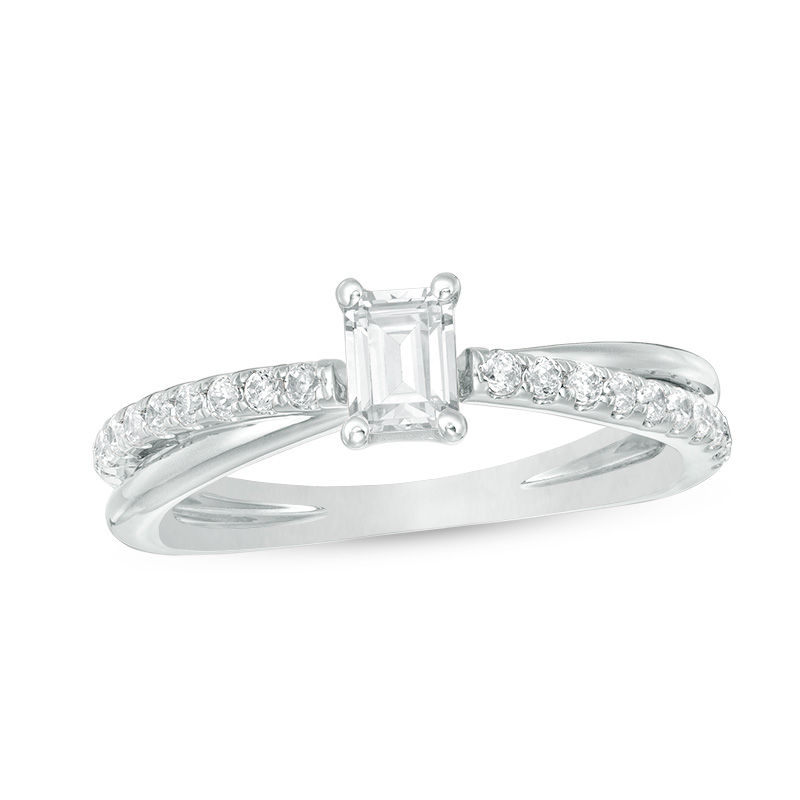 0.70 CT. T.W. Emerald-Cut Diamond Orbit Engagement Ring in 14K White Gold