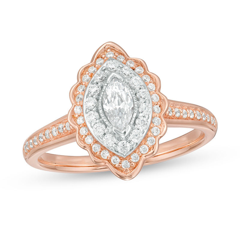 Main Image 1 of 0.50 CT. T.W. Marquise Diamond Scallop Frame Vintage-Style Engagement Ring in 14K Rose Gold