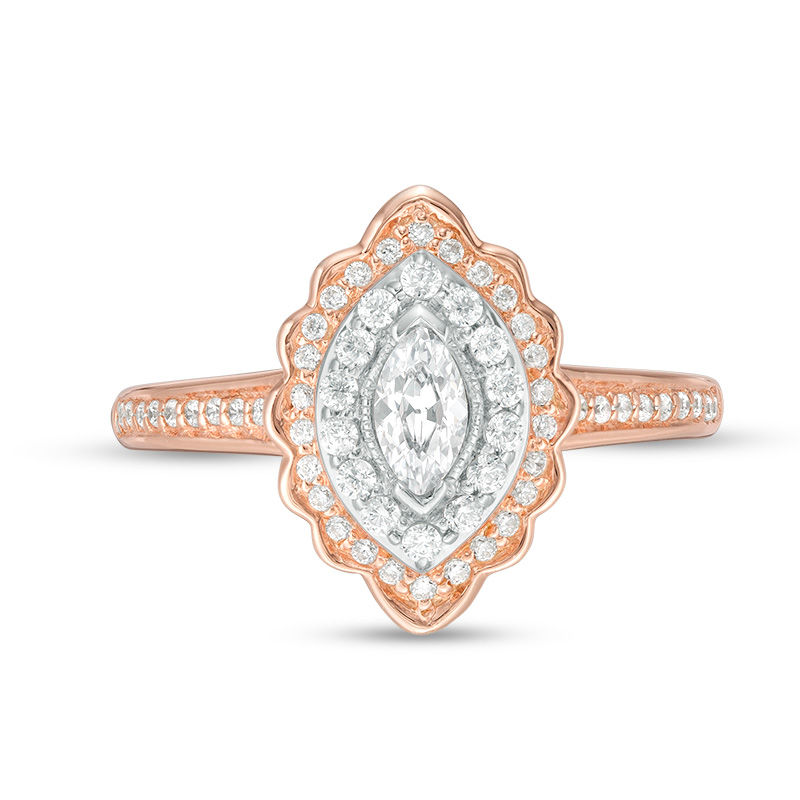 Main Image 4 of 0.50 CT. T.W. Marquise Diamond Scallop Frame Vintage-Style Engagement Ring in 14K Rose Gold