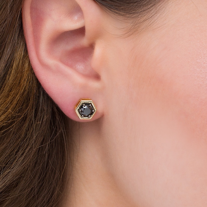 0.95 CT. T.W. Black Diamond Solitaire Hexagon Stud Earrings in 10K Gold