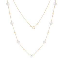 IMPERIAL® 6.0-6.5mm Cultured Freshwater Pearl and Diamond-Cut Bead Station Necklace in 14K Gold