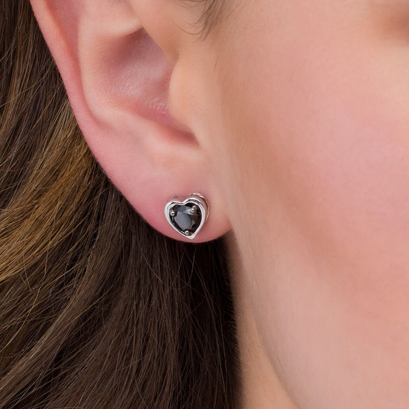 0.95 CT. T.W. Black Diamond Solitaire Heart Stud Earrings in 10K White Gold