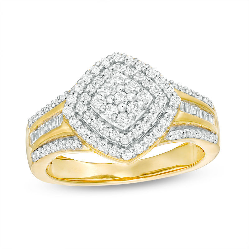 0.45 CT. T.W. Multi-Diamond Tilted Cushion Frame Multi-Row Ring in 10K Gold