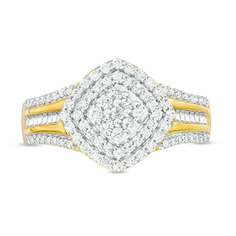 0.45 CT. T.W. Multi-Diamond Tilted Cushion Frame Multi-Row Ring in 10K Gold