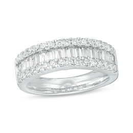 0.95 CT. T.W. Baguette and Round Diamond Triple-Row Ring in 10K White Gold