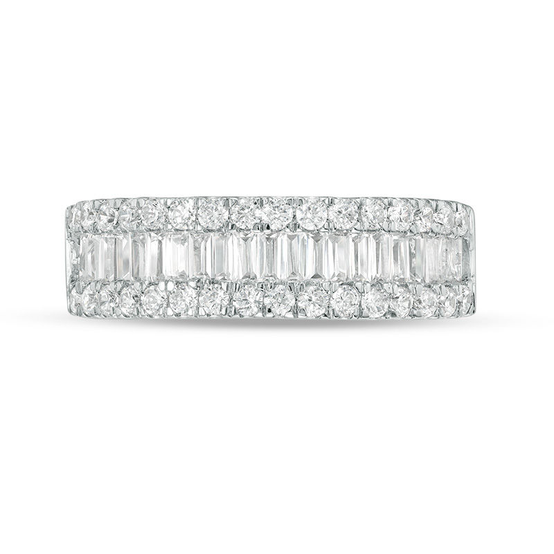 0.95 CT. T.W. Baguette and Round Diamond Triple-Row Ring in 10K White Gold