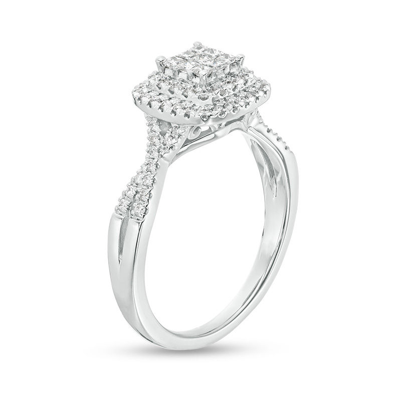 Main Image 3 of 0.50 CT. T.W. Princess-Cut Composite Diamond Double Cushion Frame Twist Engagement Ring in 10K White Gold