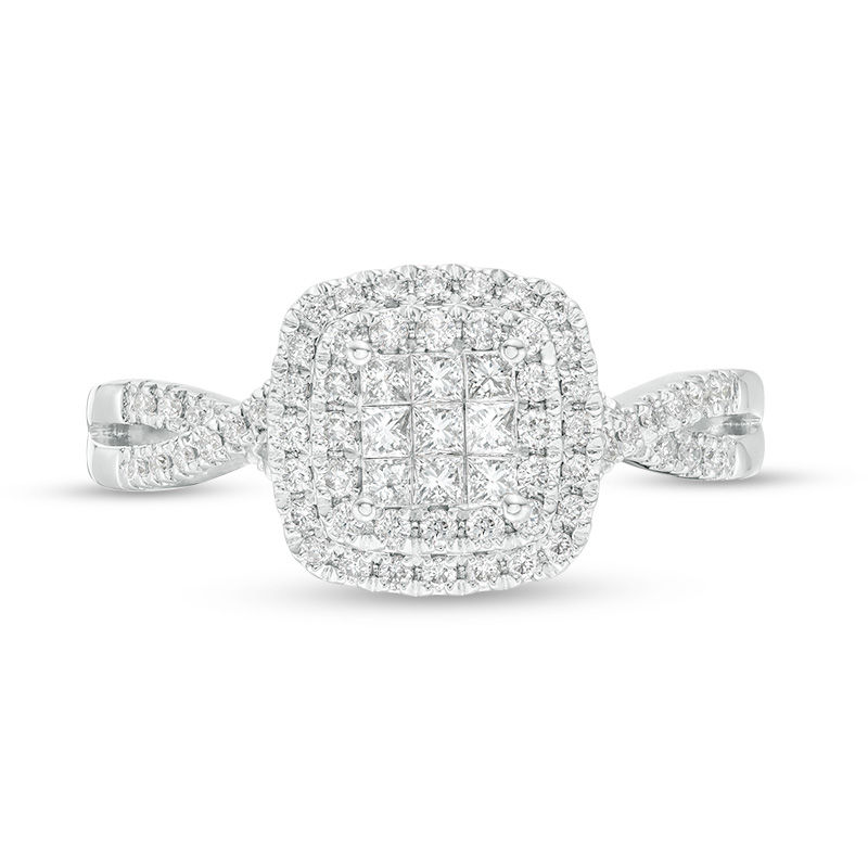 Main Image 4 of 0.50 CT. T.W. Princess-Cut Composite Diamond Double Cushion Frame Twist Engagement Ring in 10K White Gold