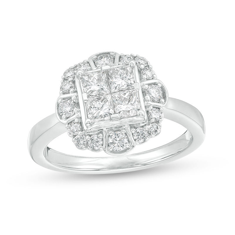 1.00 CT. T.W. Quad Princess-Cut Diamond Scallop Frame Engagement Ring in 10K White Gold