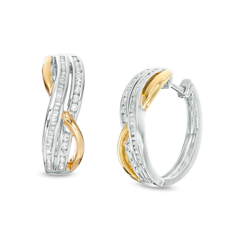 0.45 CT. T.W. Diamond Double Row Twist Hoop Earrings in 10K Two-Tone Gold|Peoples Jewellers