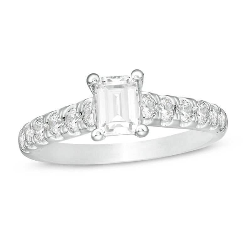 Main Image 1 of Celebration Canadian Ideal 1.50 CT. T.W. Emerald-Cut Certified Diamond Engagement Ring in 14K White Gold (I/SI2)