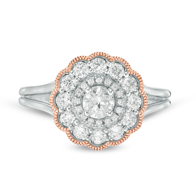 1.00 CT. T.W. Diamond Double Scallop Frame Vintage-Style Engagement Ring in 10K Two-Tone Gold