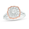 Thumbnail Image 0 of 1.00 CT. T.W. Diamond Double Cushion Scallop Frame Vintage-Style Engagement Ring in 10K Two-Tone Gold