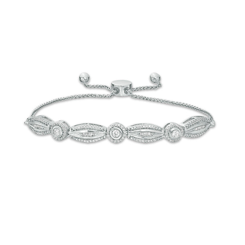 0.58 CT. T.W. Baguette and Round Diamond Alternating Geometric Bolo Bracelet in Sterling Silver - 9.5"|Peoples Jewellers