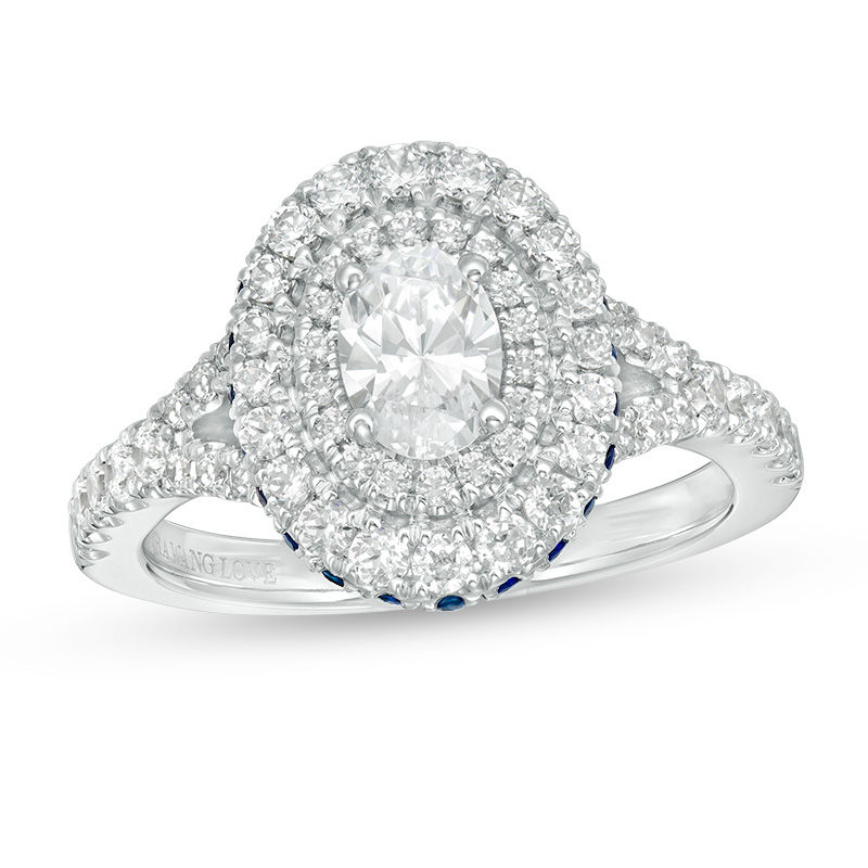 Vera Wang Love Collection 1.18 CT. T.W. Oval Diamond and Blue Sapphire Double Frame Engagement Ring in 14K White Gold