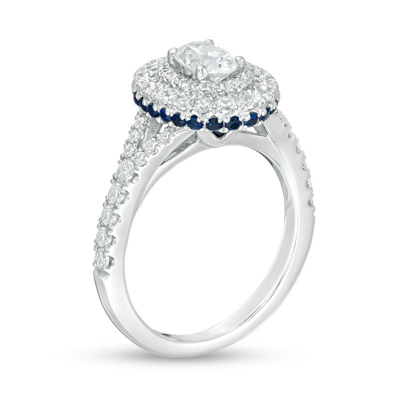 Vera Wang Love Collection 1.18 CT. T.W. Oval Diamond and Blue Sapphire Double Frame Engagement Ring in 14K White Gold