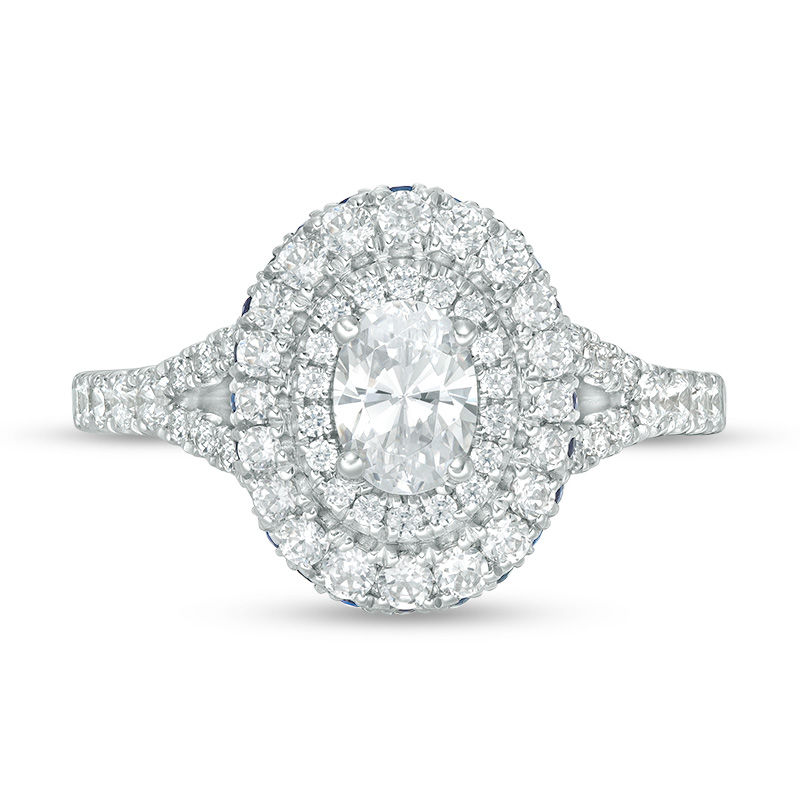 Vera Wang Love Collection 1.18 CT. T.W. Oval Diamond and Blue Sapphire Double Frame Engagement Ring in 14K White Gold